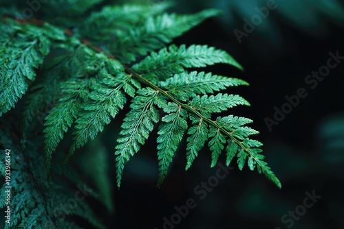 Close-up of a vibrant green fern frond with intricate details against a dark background