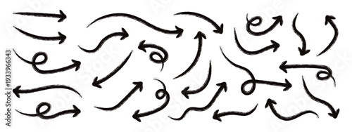 Grunge arrow vector. Various bold brush drawn curved arrows. Hand drawn vector direction pointers. Curved and wavy brush arrows. Collection doodle marker thick arrows in different directions