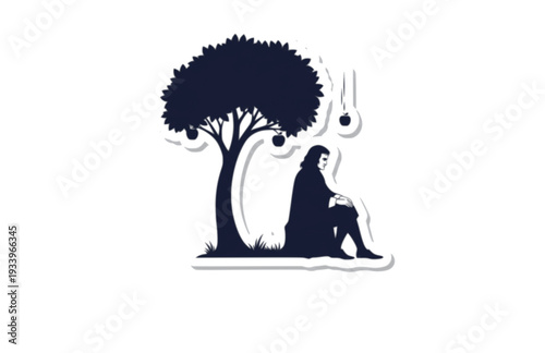 Isaac Newton and Apple Tree Silhouette, Physics and Science History Vector Sticker, Gravity Discovery STEM Illustration