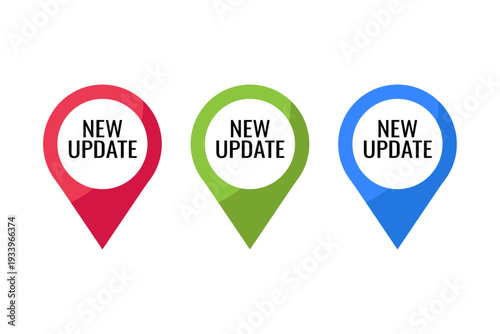 Colorful Location Pin Banner Icons Set with New Update Text for UI Design