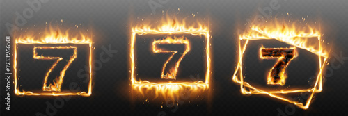 Burning number seven in square fire frame with flames and sparks isolated on transparent background