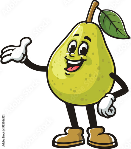 Cartoon pear fruit mascot with welcoming pose