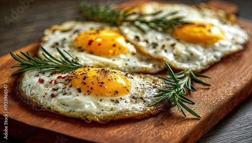 Three sunny-side-up eggs on a wooden board, garnished with rosemary sprigs