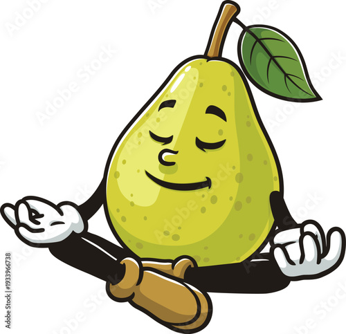 Cartoon pear mascot is meditating or relaxing
