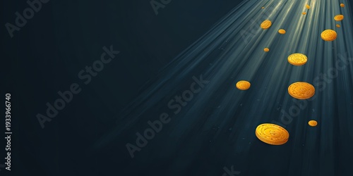 A dark, textured background with a spotlight and floating, golden, circular objects