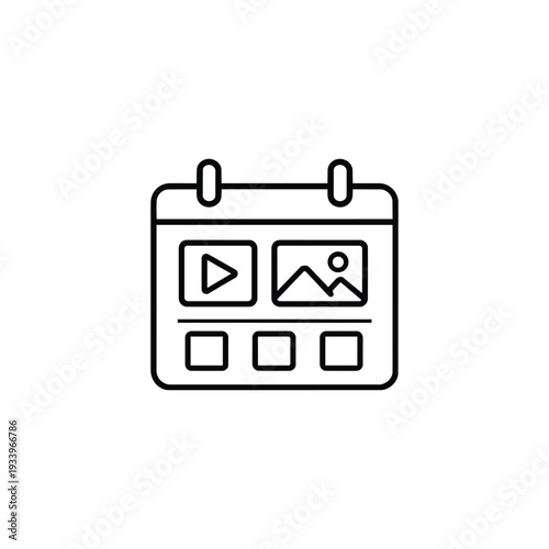 Content creator calendar icon black and white vector social media posting schedule with video and image thumbnails minimal line illustration