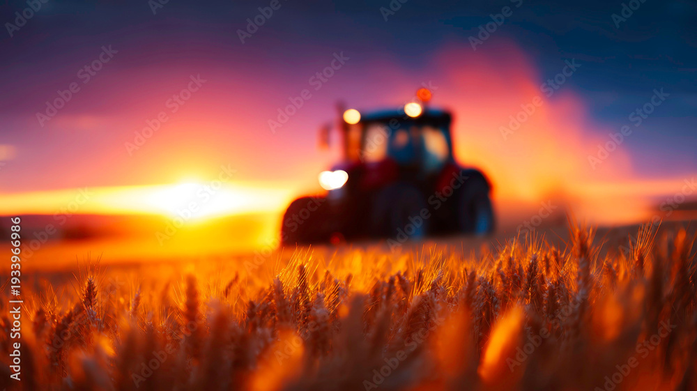 Obraz premium Agricultural Tractor Working in Field during Harvest with Flying Dust and Golden Sunlight