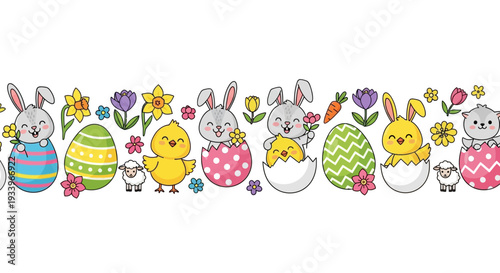 Easter bunnies and eggs decoration with cartoon characters and flowers arranged in a festive row