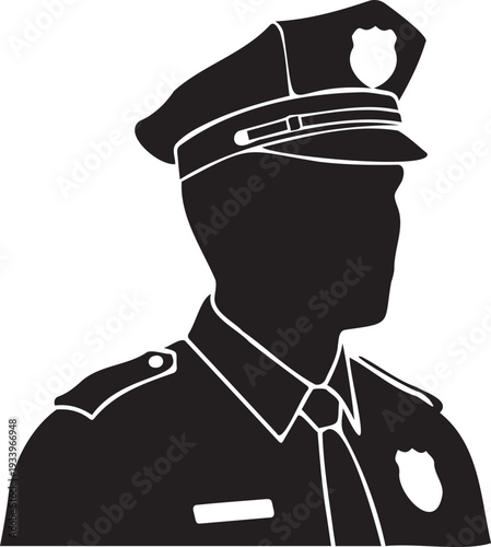Silhouette of police officer wearing hat and uniform with badge