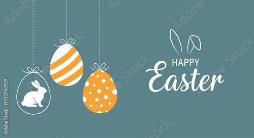 Easter eggs hanging from strings with bunny silhouette on a festive background
