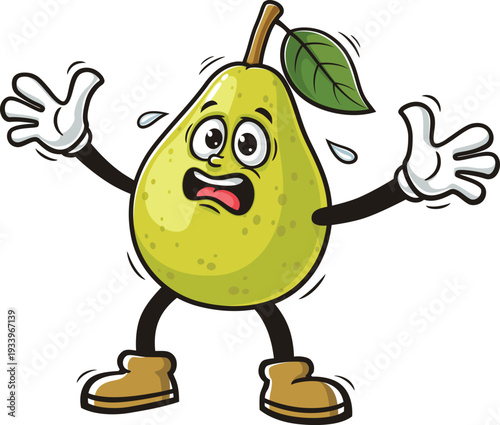 Cartoon pear mascot is panicking and scared