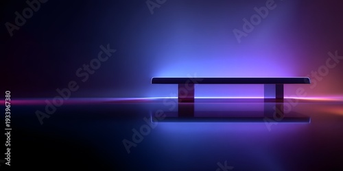 Long rectangular platform with purple and blue neon lighting in dark minimalist interior for premium product display featuring soft color gradients and sharp reflections on polished dark floor