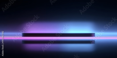 Sleek horizontal platform illuminated by pink and blue neon lights on dark background with floor reflections for futuristic technology product launch or electronic music event stage background