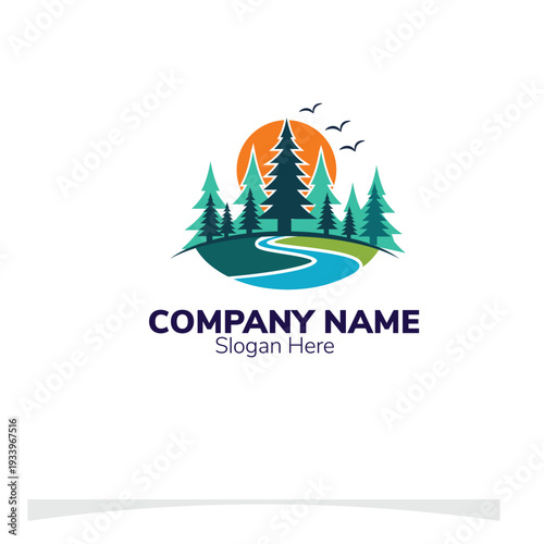 Nature Landscape Logo Design with Pine Forest, Winding River, and Vibrant Sun