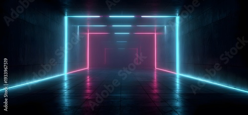 Neon blue and pink glowing rectangular frames illuminate a dark, long, and empty futuristic concrete tunnel or corridor with reflective wet floor, creating an abstract pathway