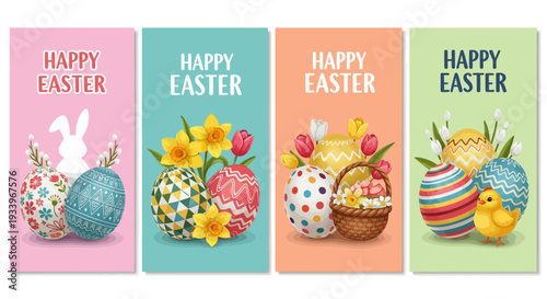 Vibrant Easter eggs and bunny decorations displayed on colorful backgrounds from a front viewpoint