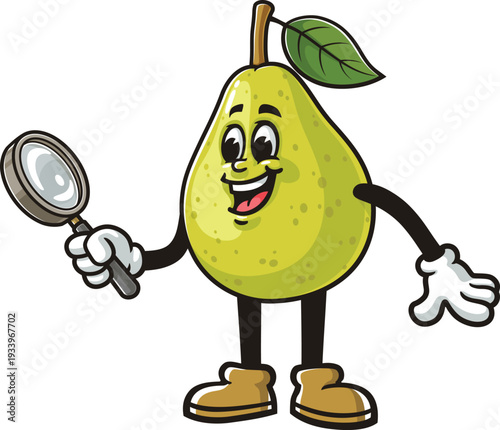 Cartoon pear mascot holding a magnifying glass