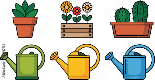 Six Colorful Gardening Icons Set: Potted Plants, Flower Box, Cactus Planter, and Colorful Watering Cans in Green, Yellow, and Blue.