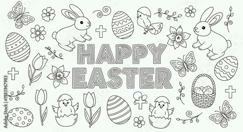 Easter-themed coloring page featuring bunnies, eggs, and flowers in a festive holiday illustration