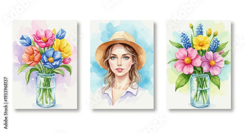 A young woman wearing a hat surrounded by colorful flowers in vases, captured in a watercolor style from a frontal viewpoint