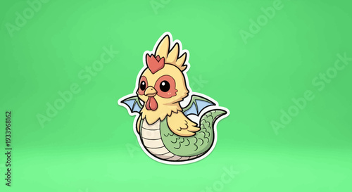 A small yellow chick wearing a green mermaid tail swims playfully underwater with blue fins in an green background