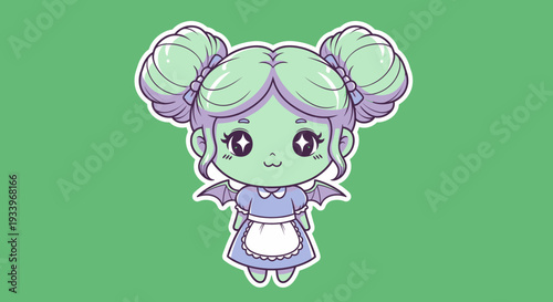 A cartoon girl with green skin and purple hair standing alone on a green background image viewed from the front.