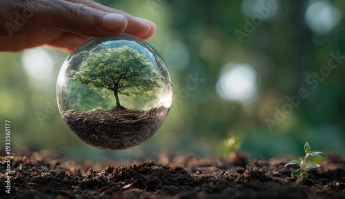 A clear orb holds a miniature tree scene with a hand holding it above the soil