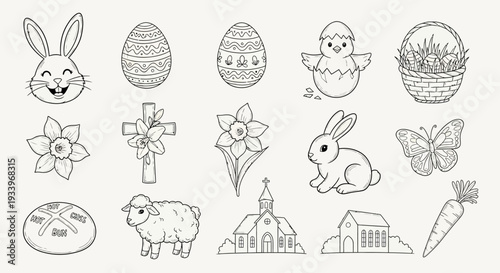 Easter-themed illustrations featuring bunny, eggs, flowers, lamb, and church in a simple line art style.