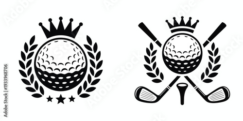 Victorious sports emblems vector set, featuring two crowned golf ball designs, one with a laurel wreath and the other with crossed clubs, ideal for championship badges, trophies, and award designs.