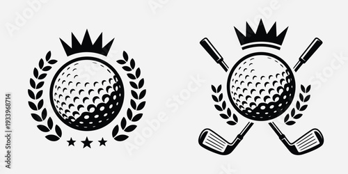 Victorious sports emblems vector set, showcasing crowned golf balls with laurel wreaths and crossed clubs, perfect for trophies, championship badges, and sports award illustrations.