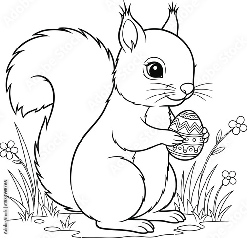 Easter sunday squirrel holding easter egg in grass on white background