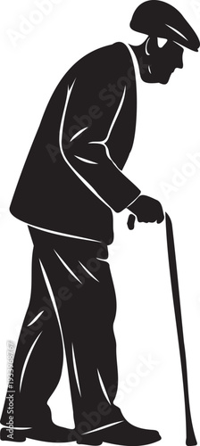 Silhouette of elderly man with cane walking bent over