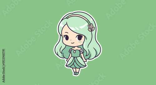 Adorable cartoon girl with green hair and dress standing on plain background