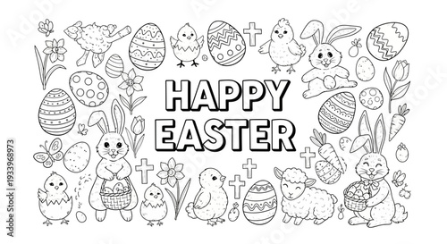 Easter-themed illustration featuring bunnies, eggs, and chicks in a festive celebration with flowers and crosses from a straightforward viewpoint