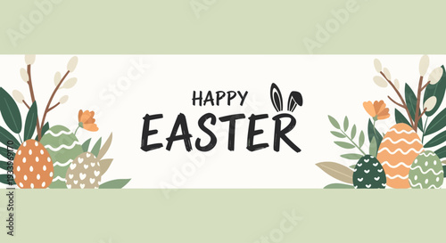 Celebrating Easter with festive floral arrangements and bunny motifs in a joyful illustration