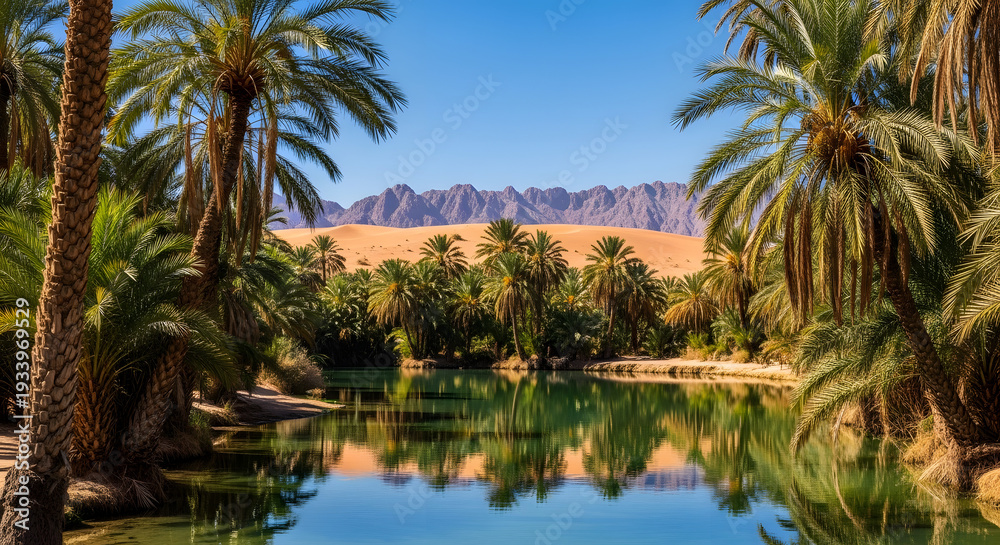 Obraz premium Oasis with palm trees by the water in the desert