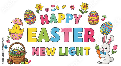 Colorful Easter Illustration with Bunny, Eggs, and Flowers