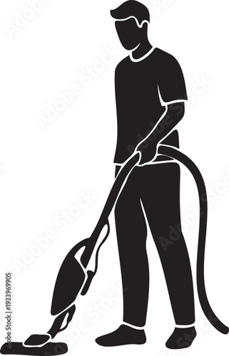 Man silhouette using vacuum cleaner for professional floor cleaning