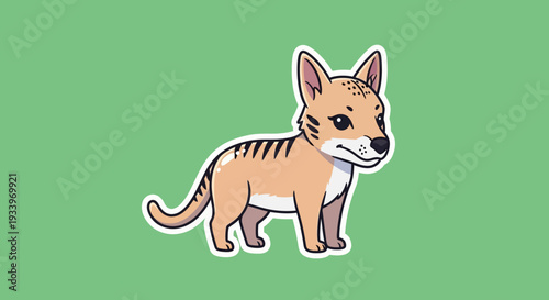 Cartoon illustration of a young Tasmanian tiger standing on green grass viewed from side profile