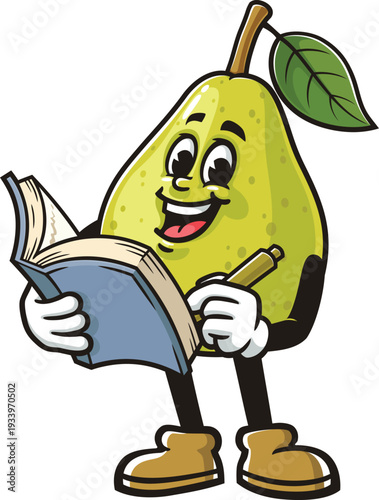 Cartoon pear mascot holding a book