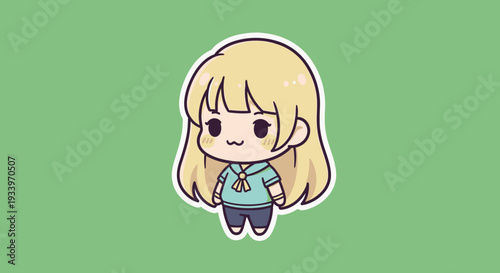 A cartoon girl with blonde hair wearing a green shirt standing on a green background illustration