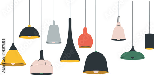 Modern Pendant Light Fixtures Vector Set with Minimalist Ceiling Lamps for Home Interior and Kitchen Lighting
