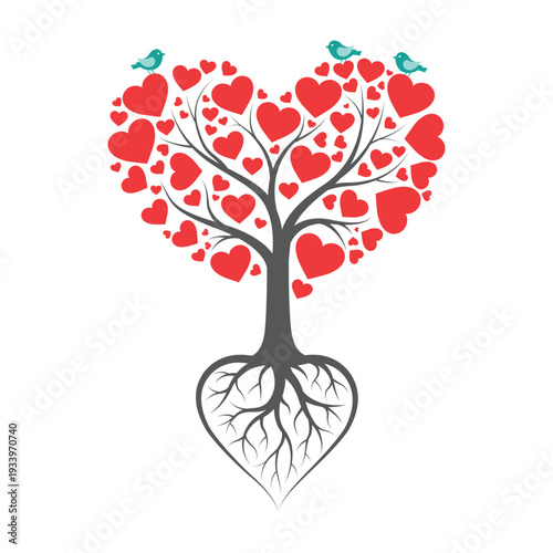 Large Heart Shaped Canopy Love Tree with Blue Birds on Outer Branches and Symmetrical Roots