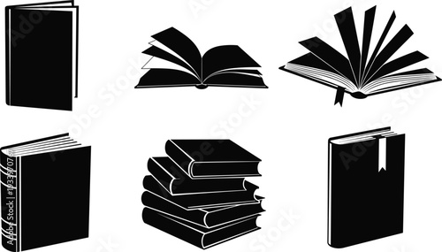 Book silhouettes set, open and closed books, stacked volumes, literature icons, school design elements, reading symbols, academic illustration collection