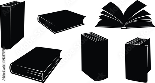 Book silhouettes set, open and closed books, minimal design, literature icons, school elements, reading symbols, academic illustration collection bundle