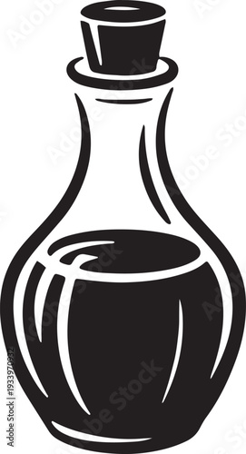Black silhouette glass bottle icon with cork isolated on transparent background liquid inside