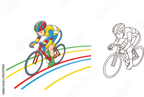 Professional cyclist riding bicycle on race track, color and black and white line art vector illustration for coloring page.