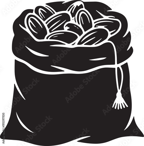 Burlap sack full of organic coffee beans silhouette icon for agricultural production concepts