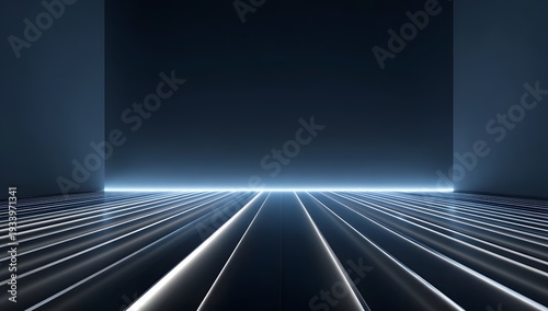 Futuristic abstract stage with glowing white lines on dark floor and minimalist walls under cool blue lighting perspective view empty modern backdrop