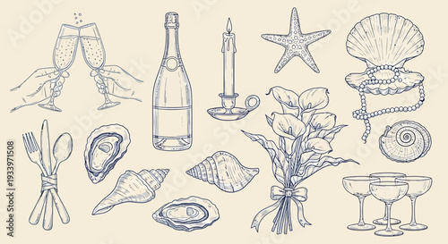 Hand Drawn Seafood and Coastal Elements Set 